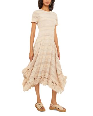 Pointelle Striped Fringed Soft Knit Dress