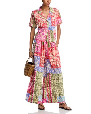 AQUA - Mixed Print Shirt & Smocked Waist Wide Leg Pants - Exclusive