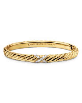 Sculpted Cable X Center Station Cuff Bracelet in 18K Yellow Gold with Diamonds, 6mm