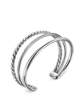 Three Row Cuff Bracelet in Sterling Silver with Diamonds, 10mm