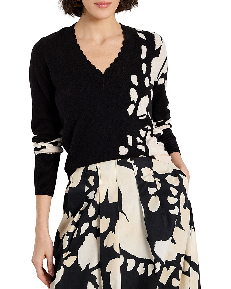 Nic + Zoe Nic+zoe Evening Petal Scallop V-neck Sweater In Black Multi