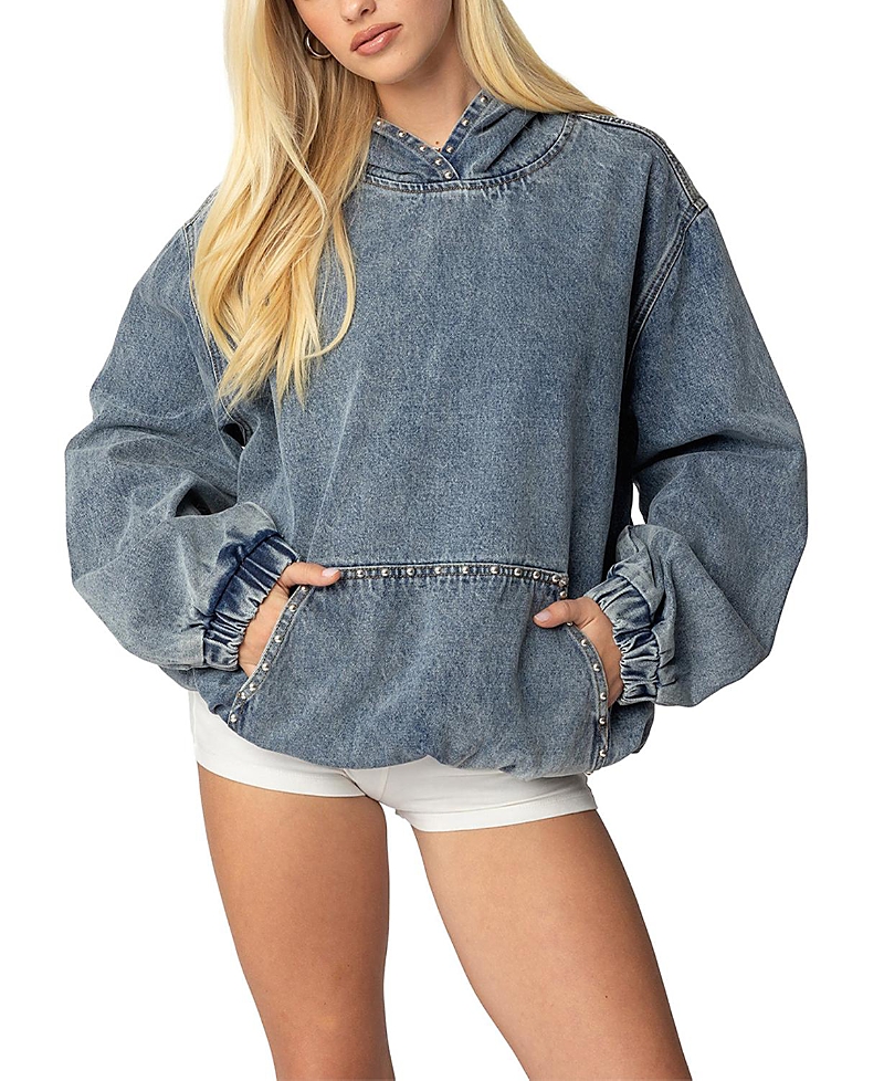 Shop Edikted Marney Oversized Studded Denim Hoodie In Blue