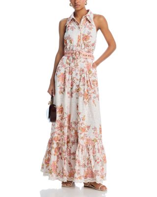 Floral Buckle Belt Button Front Maxi Dress