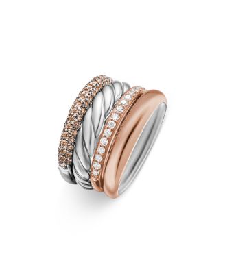 DY Mercer Melange Multi Row Ring in Sterling Silver with 18K Rose Gold and Pav&eacute; Cognac Diamonds