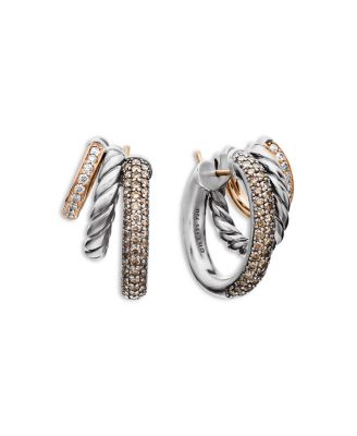 18K Rose Gold & Sterling Silver DY Mercer Cognac & White Diamond Pav&eacute; Triple Hoop Earrings