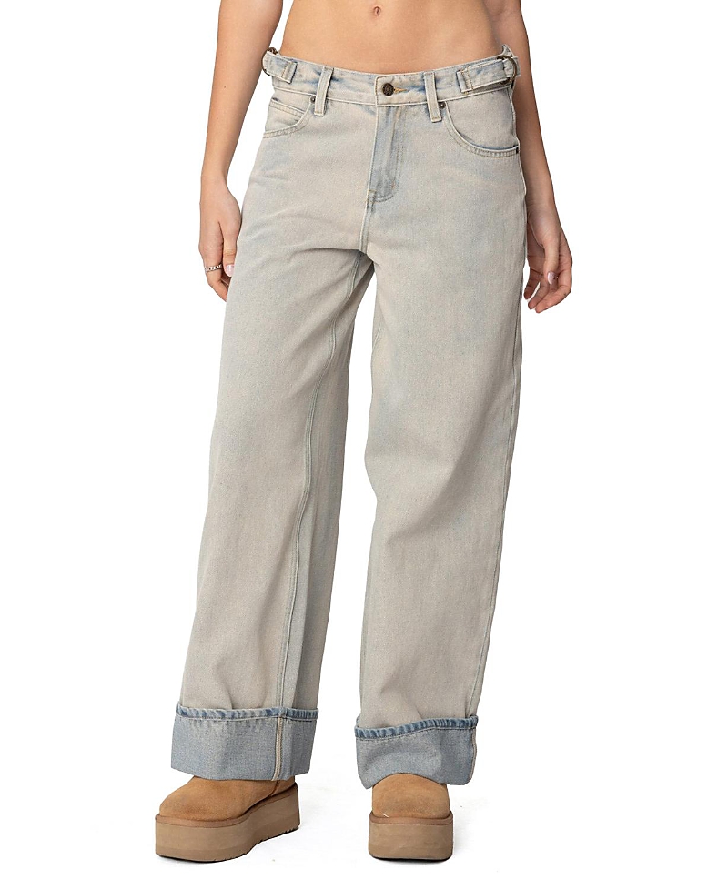 Edikted Double Belt Washed Low Rise Jeans in Blue