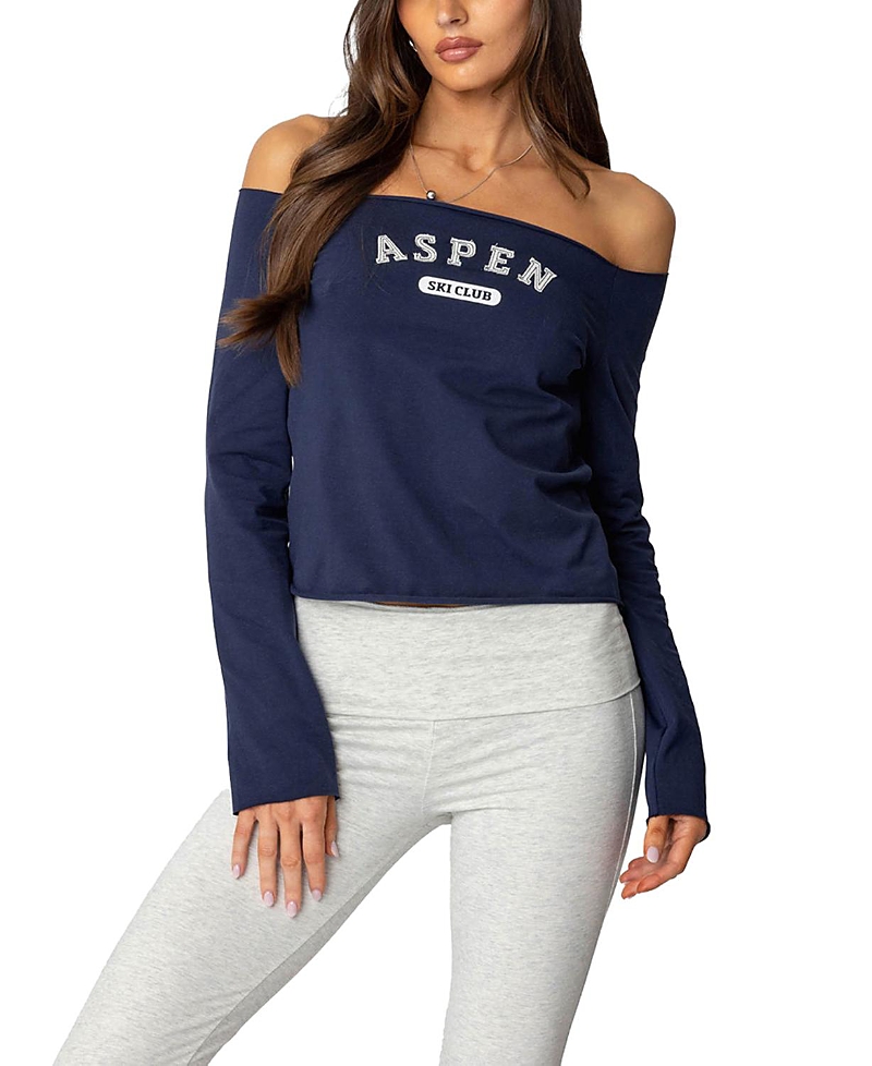 Edikted Ski Club Off The Shoulder Top In Navy