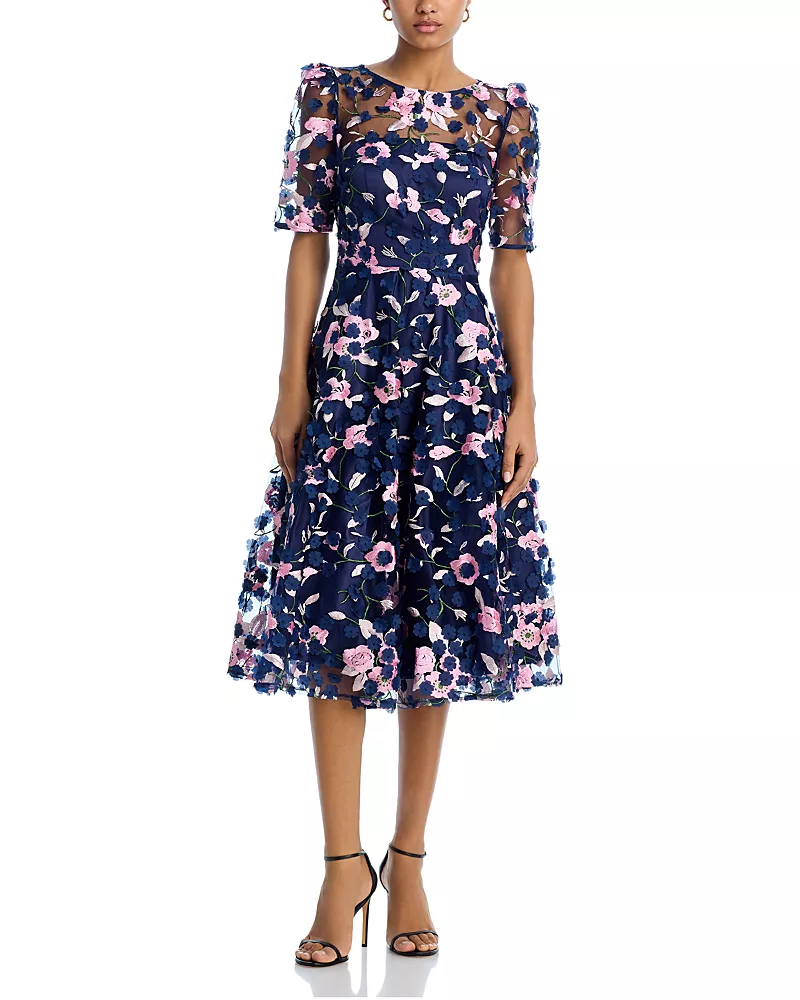 Eliza J Three Quarter Sleeve Illusion Yoke Dress