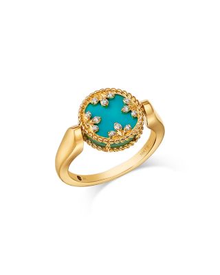 Roberto Coin - 18K Yellow Gold Venetian Princess Medallion Mother of Pearl, Turquoise & Diamond Reversible Ring
