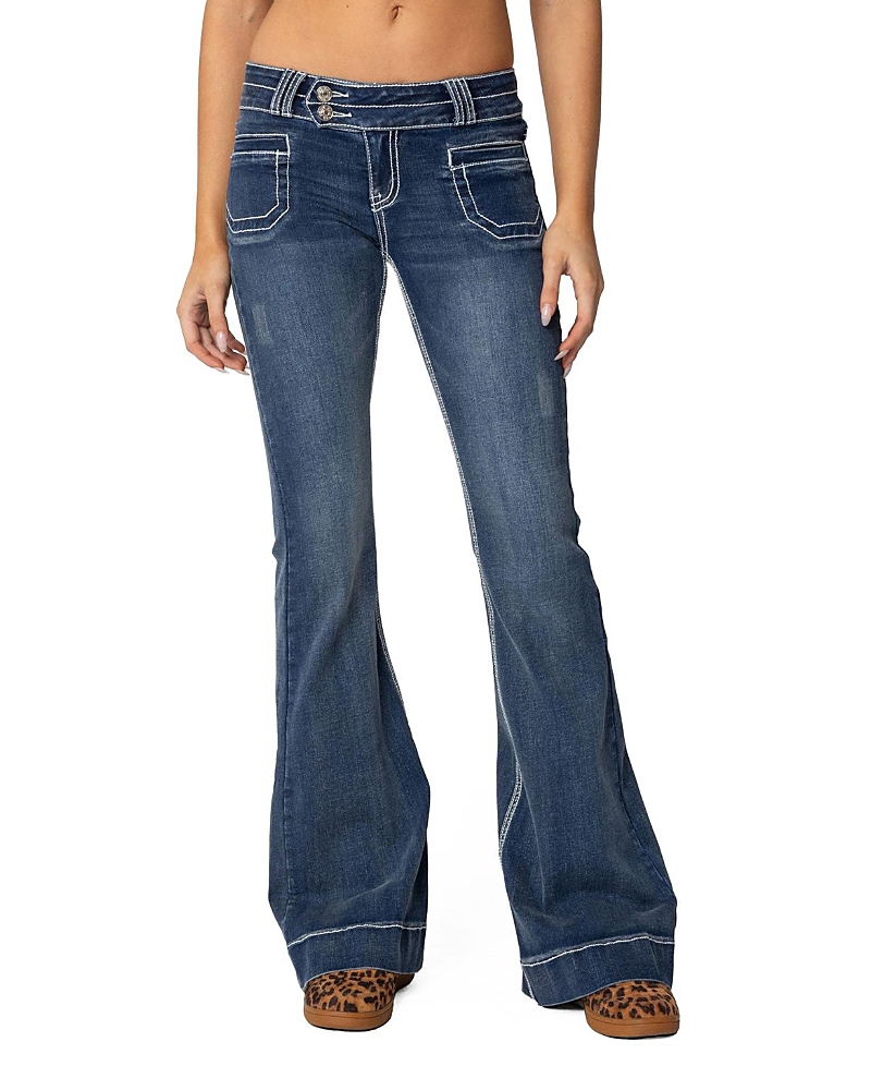 Shop Edikted Contrast Stitch Low Rise Flared Jeans In Blue Wash In Blue-washed