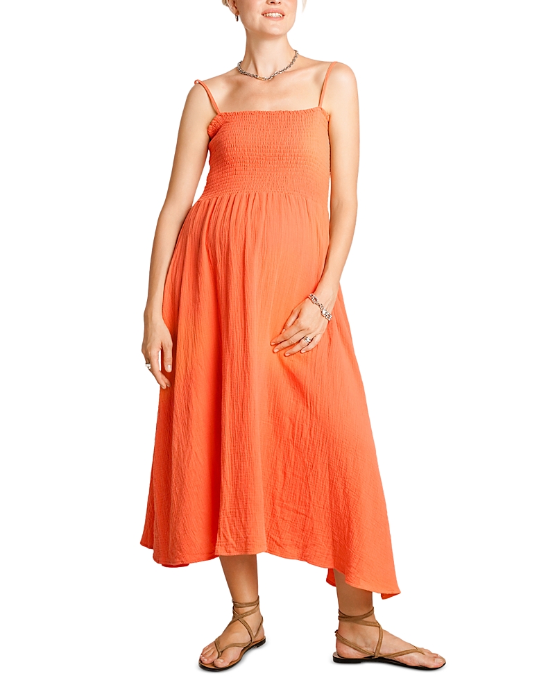 Nom Maternity Smocked Cotton Gauzy Midi Maternity Dress In Orange