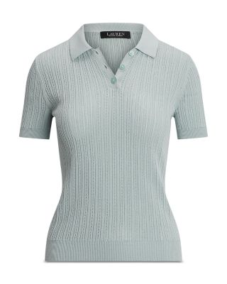 Pointelle Knit Cotton Blend Polo Sweater