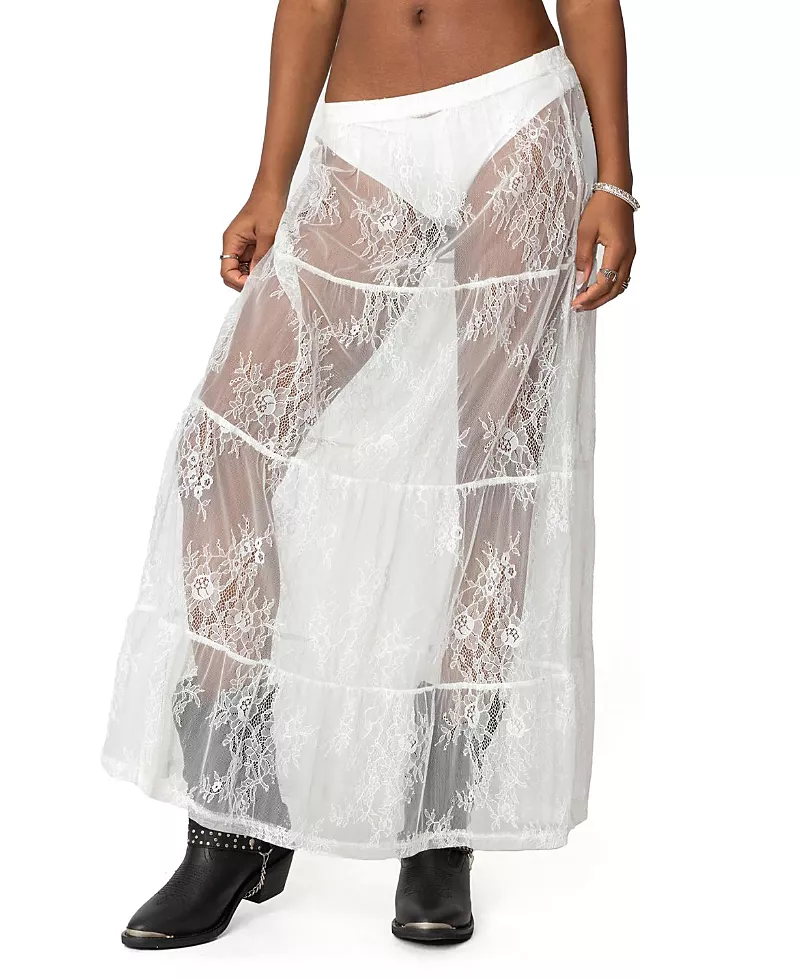 Edikted Tiered Sheer Lace Maxi Skirt