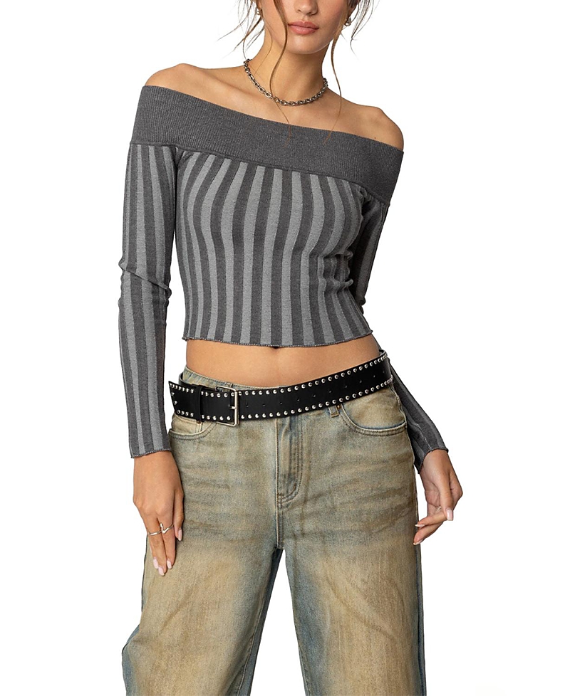 Edikted Daren Off Shoulder Knit Top In Gray