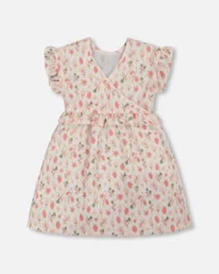  Girls' Printed Seersucker Dress with Frill Flowers on Background - Little Kid
