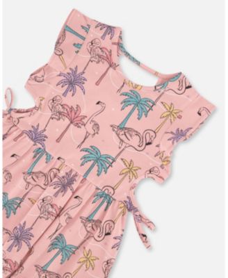  Girls' Printed Organic Cotton Dress with Cut Outs Palm Trees, Flamingo - Little Kid