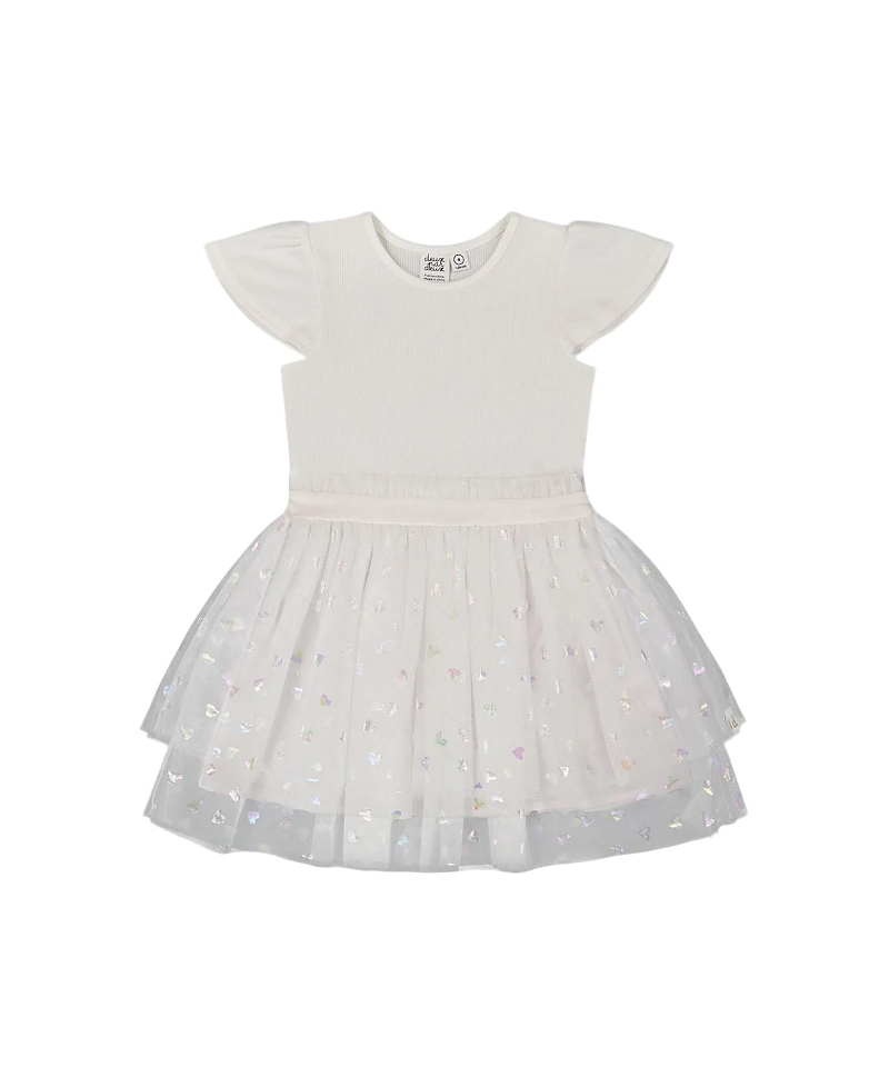 Deux par Deux Girls' Bi-Material Dress with Glitter Hearts Skirt - Big Kid