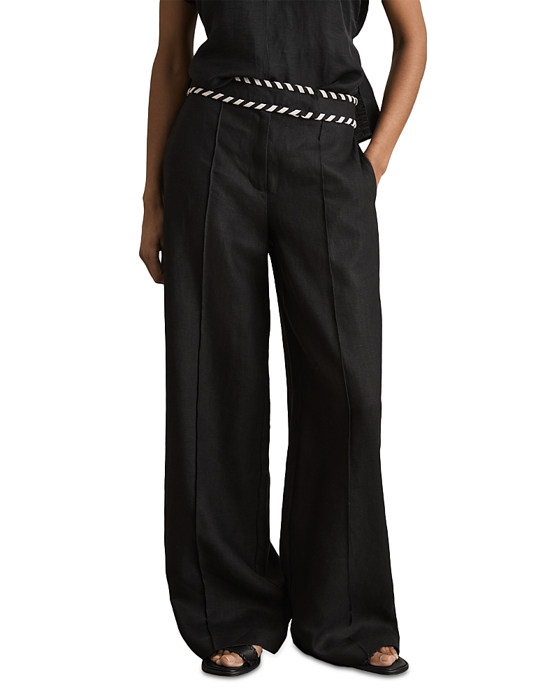 Reiss Black Petite Linen Wide-leg Whipstitch Trousers In Black