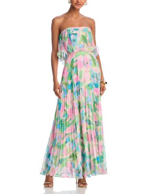 Printed Pleated Strapless Dress - Exclusive