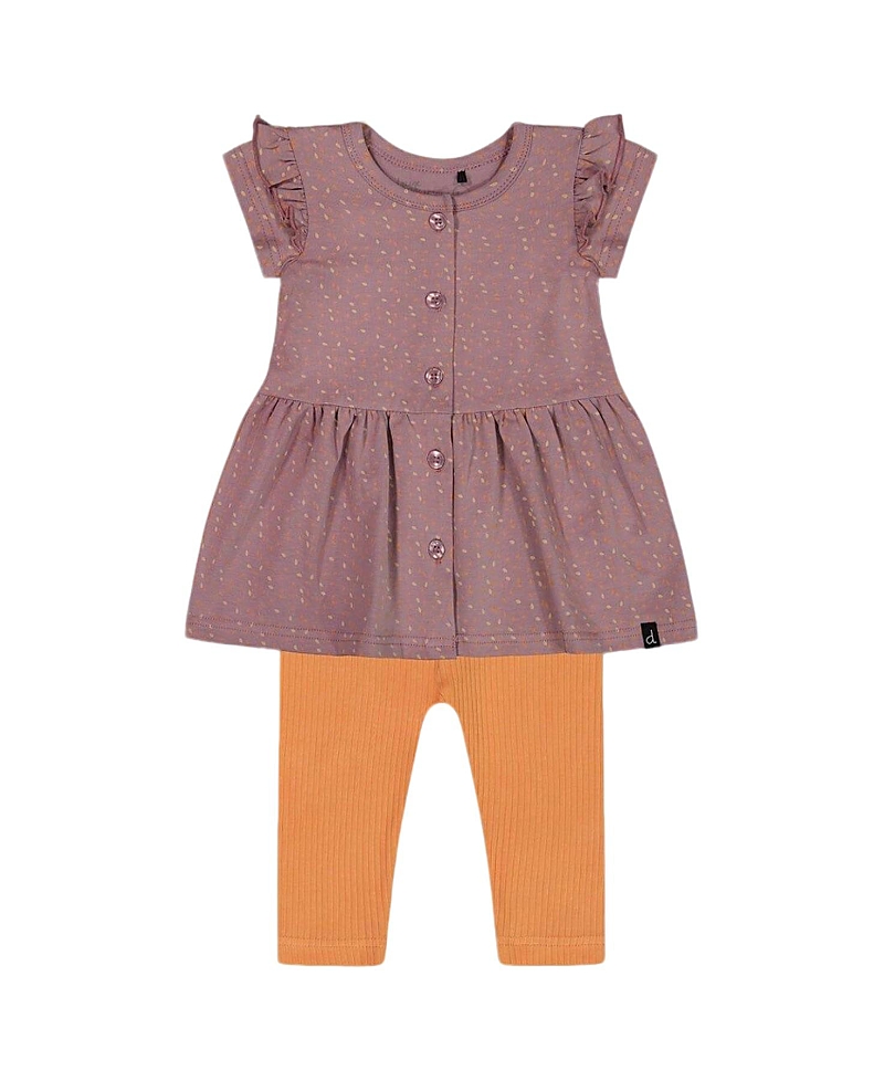 Deux Par Deux Baby Girl's Printed Organic Cotton Dress And Solid Leggings Set Orange And Purple In Purple With Pear Seeds