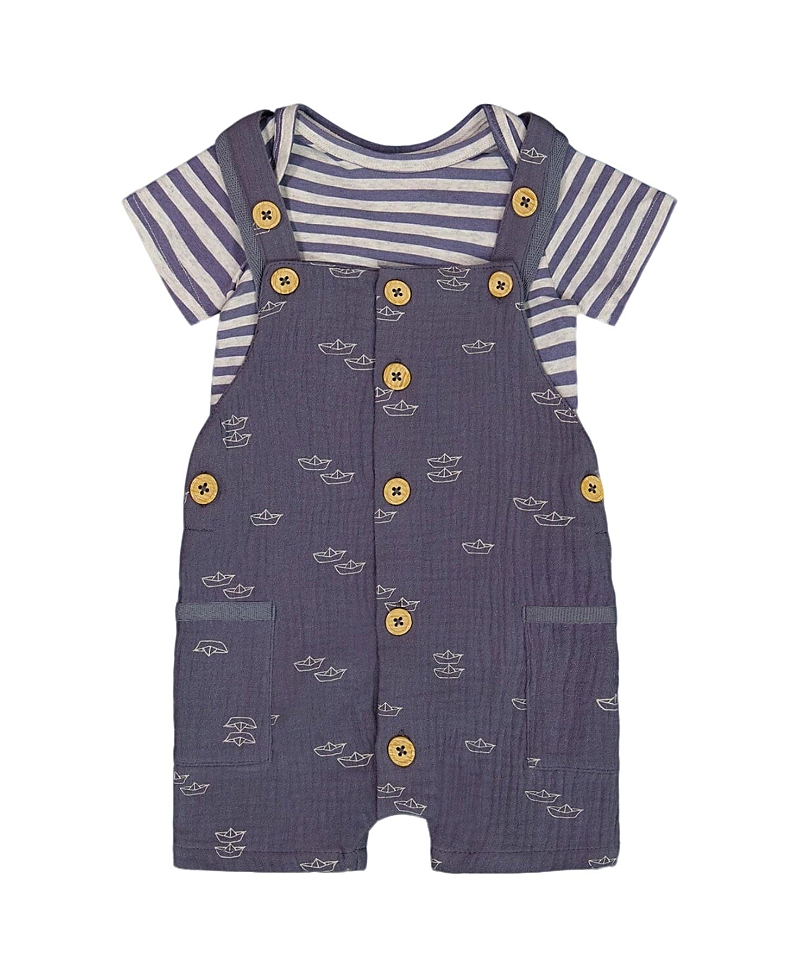 Deux Par Deux Boys' Printed Organic Cotton Onesie And Muslin Shortall Set - Baby In Navy Blue Paper Boat