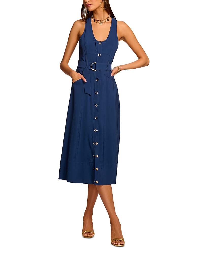Ramy Brook Nomi Sleeveless Belted Midi Dress In Spring Navy