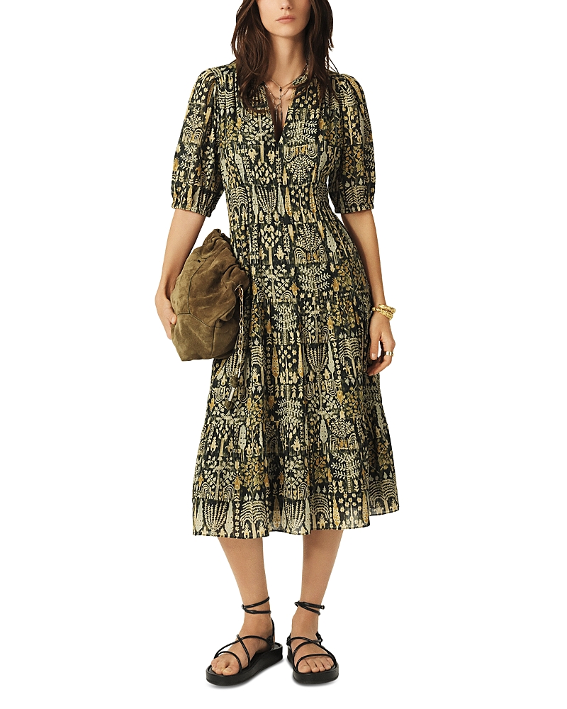 Ba&sh Panissa Floral-print Puff-sleeve Midi Dress In Green