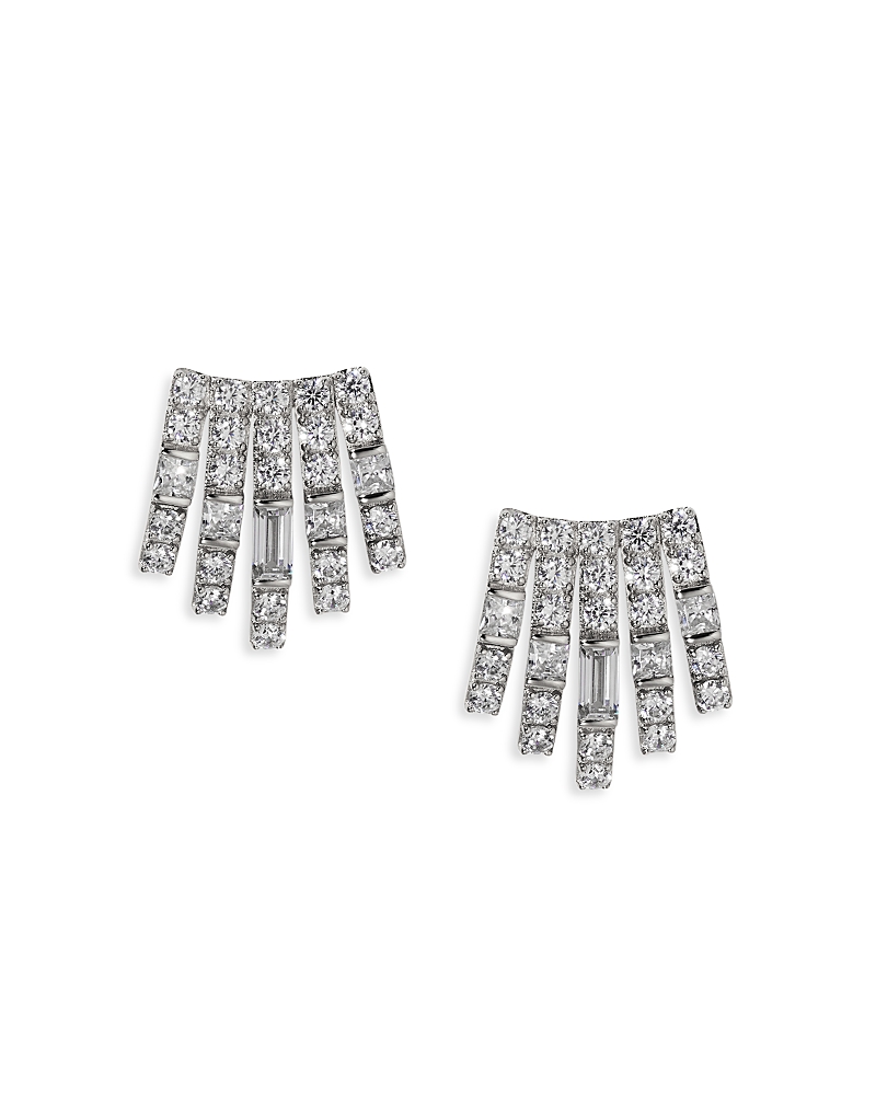 NADRI CUBIC ZIRCONIA MULTI ROW STUD EARRINGS IN RHODIUM PLATED