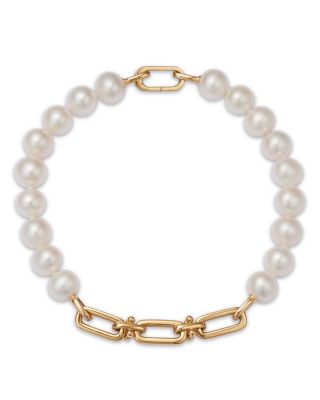 Cultured Freshwater Pearl & Chain Link Bracelet in 14K Yellow Gold