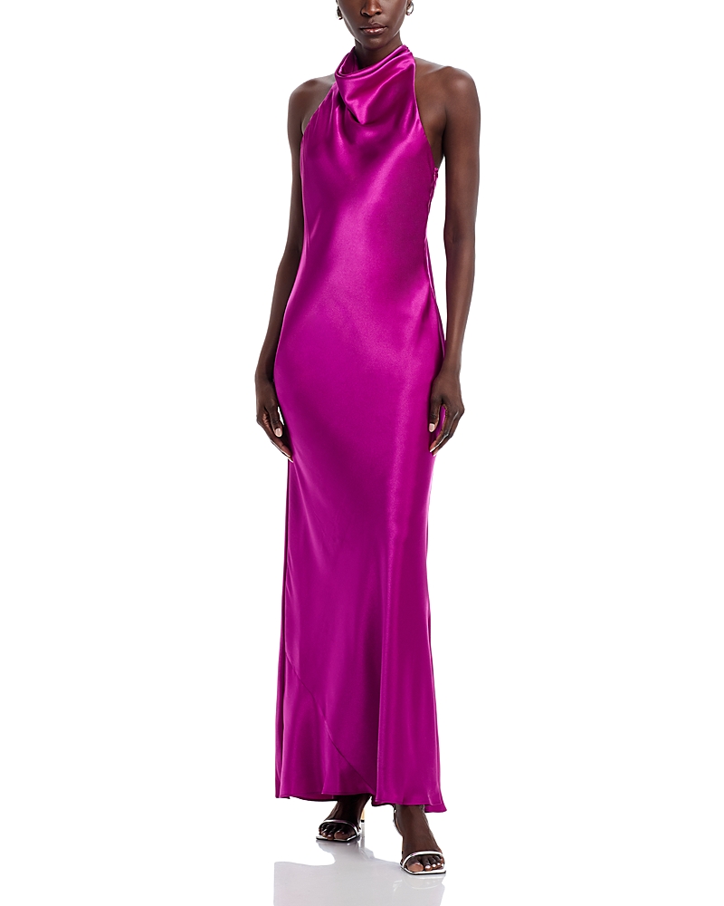 Aqua Charmeuse Halter Neck Long Dress - Exclusive