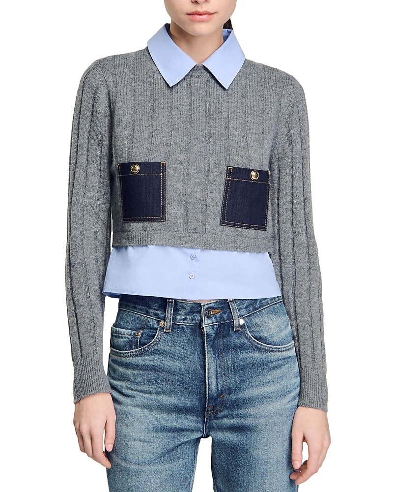 Sandro Wool-cashmere Poplin-trim Sweater In Grey