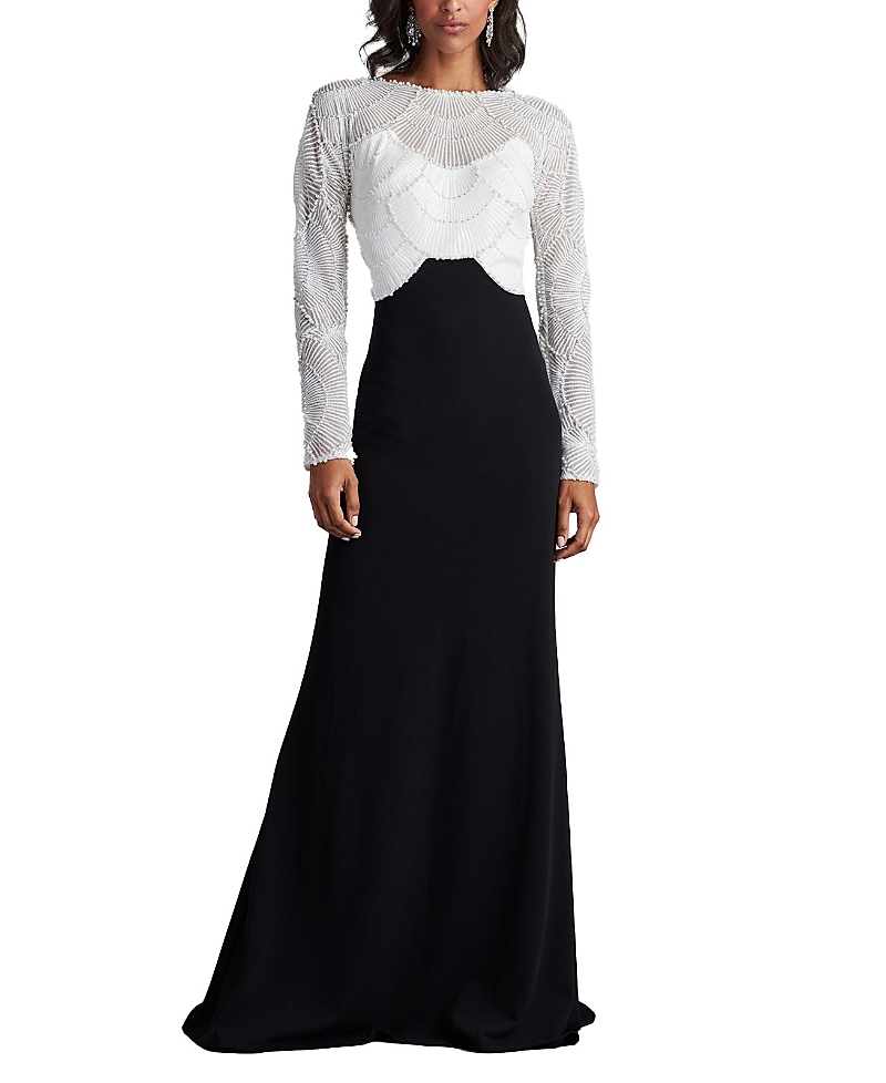 Tadashi Shoji Destiny Long-sleeve Embellished Gown In Black/ivory