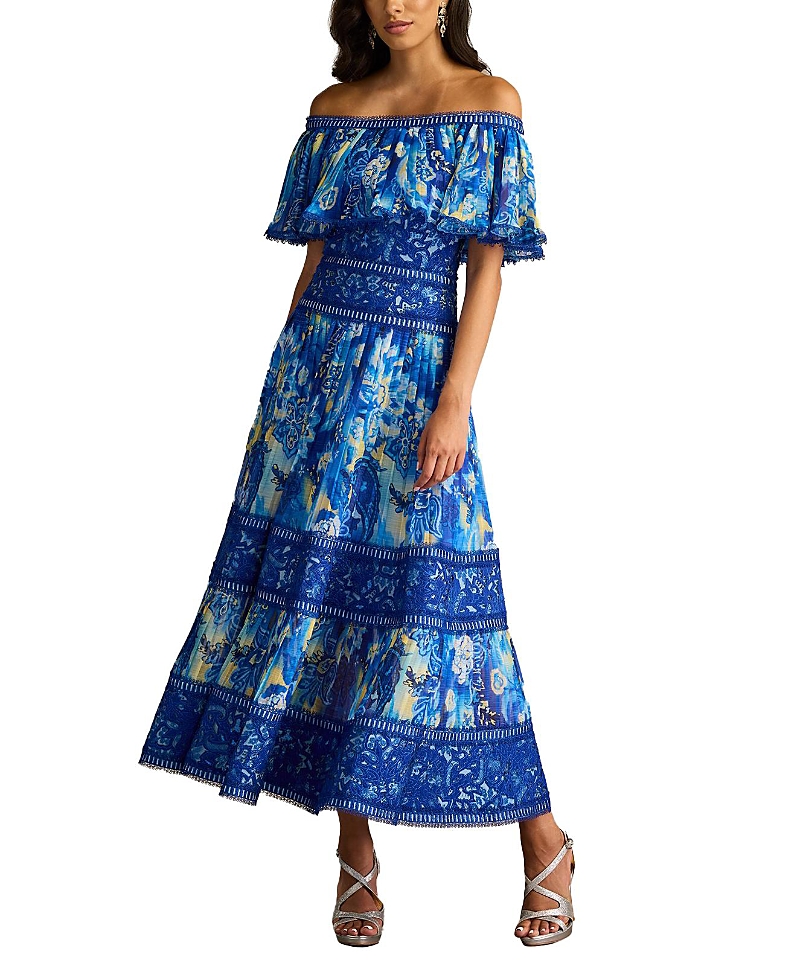 Tadashi Shoji Amary Floral Pleated Chiffon Midi Dress In Mystic Blue