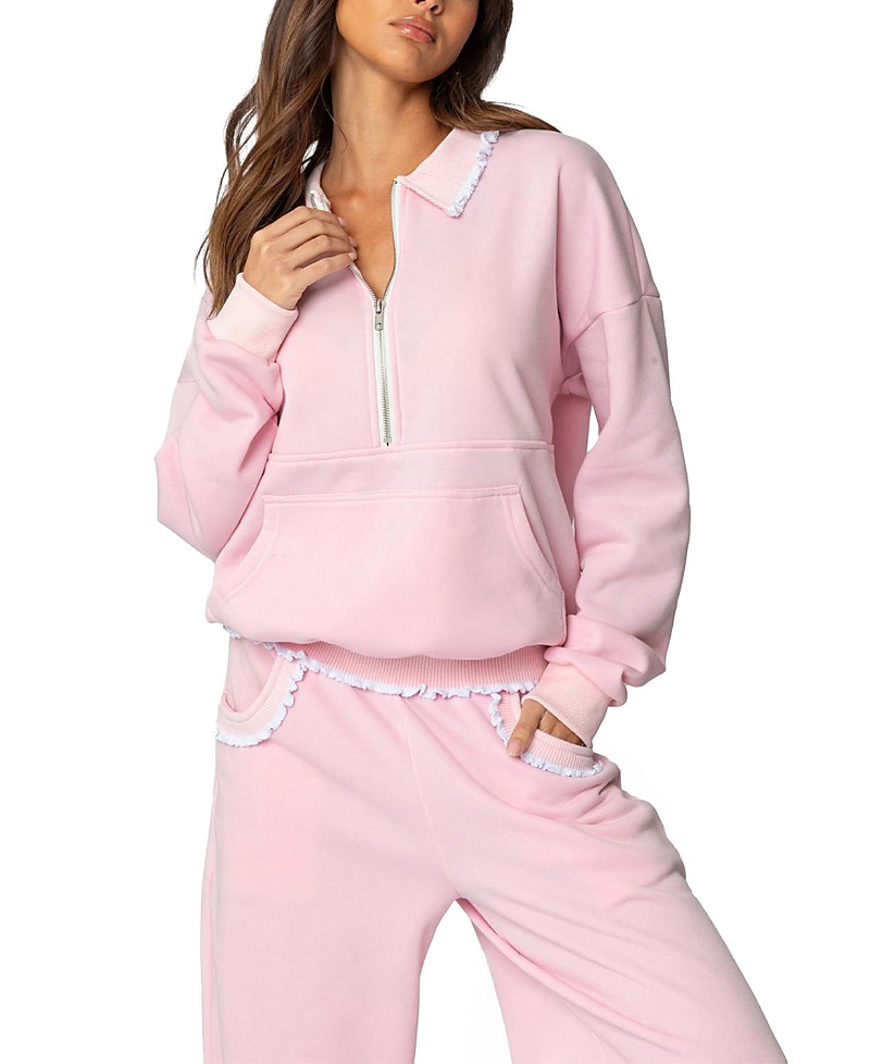 Edikted Ashtin Ruffle Trim Half Zip Sweatshirt In Light-pink