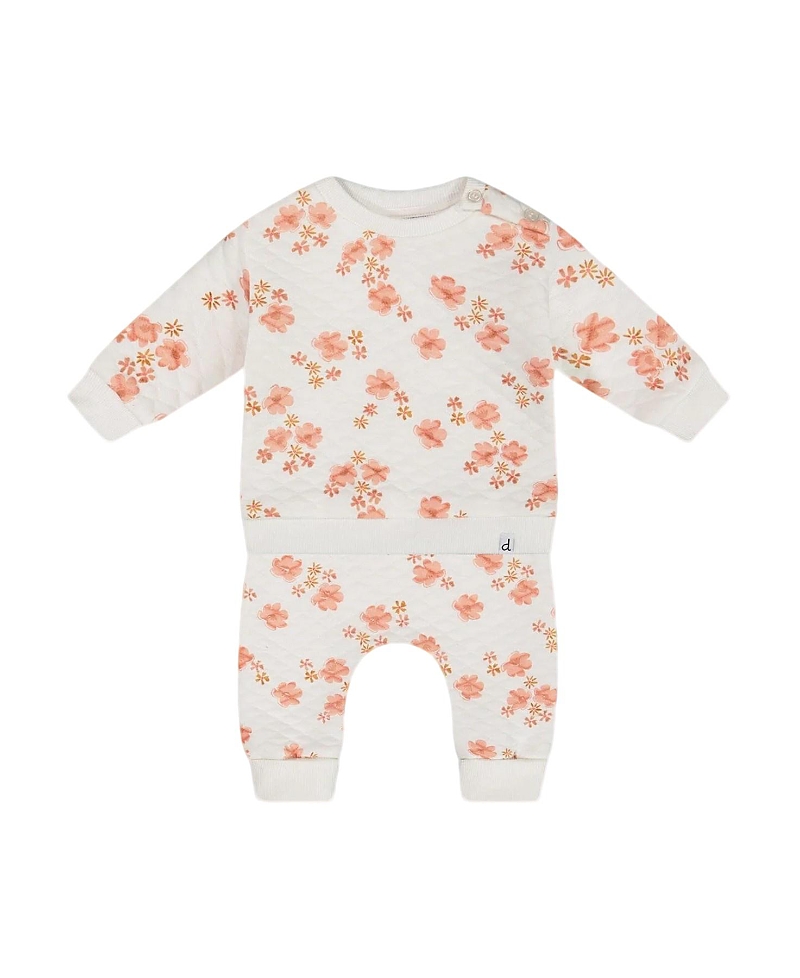 Deux Par Deux Girls' Printed Quilted Top And Pant Set - Baby In White And Pink Flowers