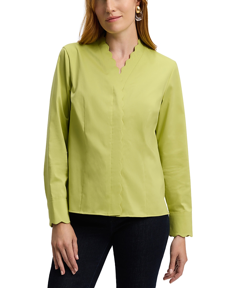 Foxcroft Bridget Scalloped Matte Sateen Button-up Shirt In Chartreuse