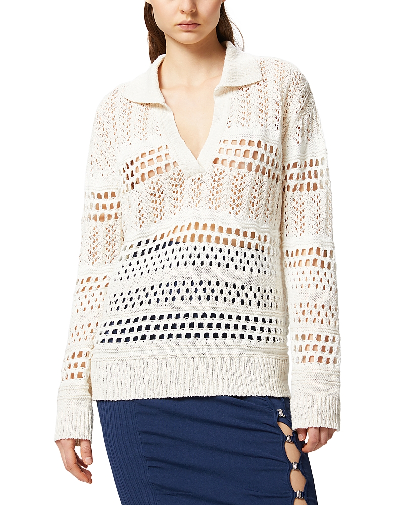Pinko Textured Knit White Sweater With Stylish Collar In White/white