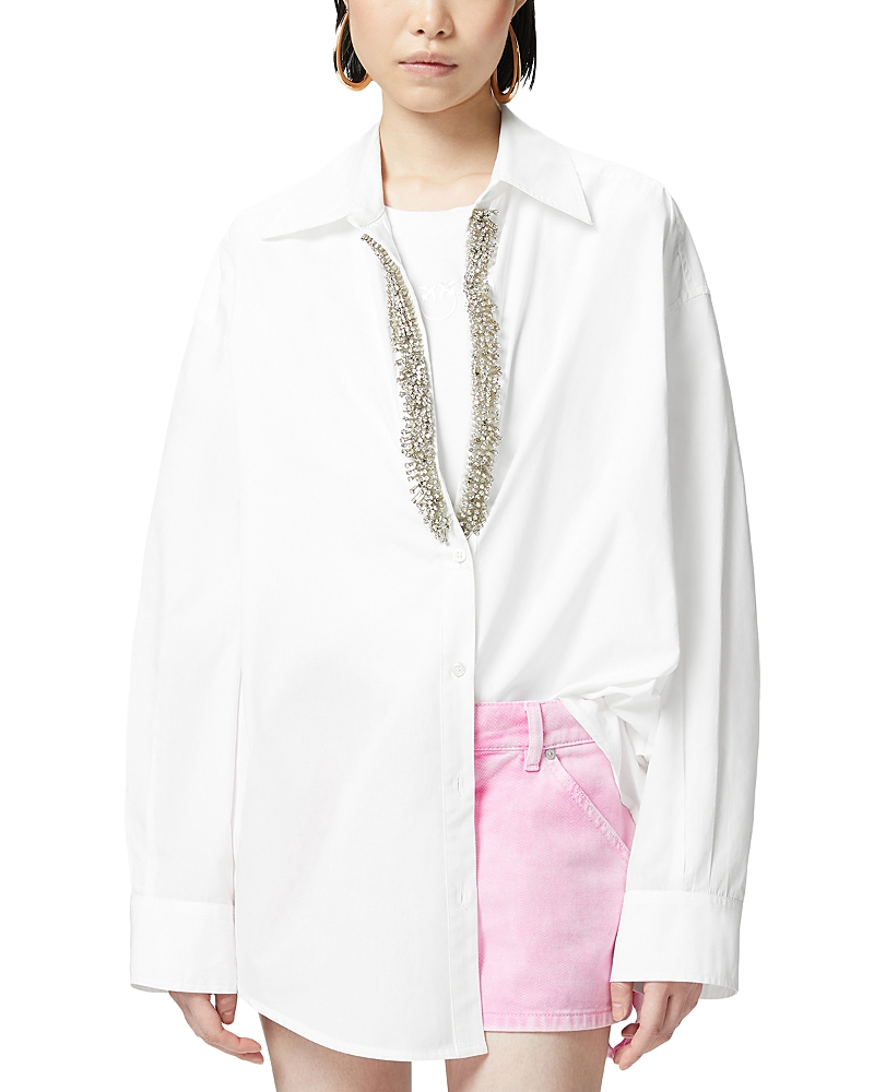 Pinko Button-up White Shirt With Intricate Embellishments In Bright White