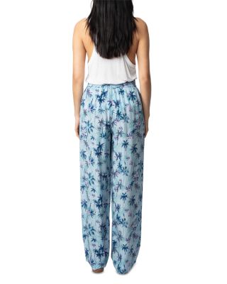 Pin Sunset Palm Mist Print Silk Pants 