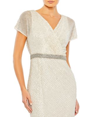  Beaded Butterfly Sleeve Column Gown