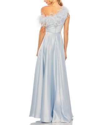 One Shoulder A Line Gown with Feather Detail