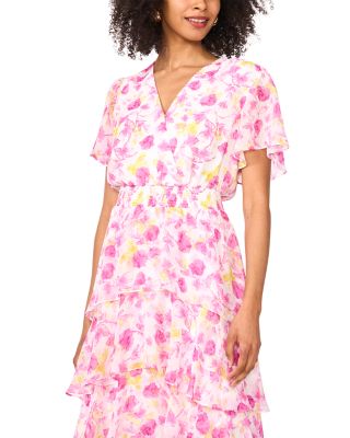 Floral Print Flutter Sleeve Tiered Ruffle Midi Dress