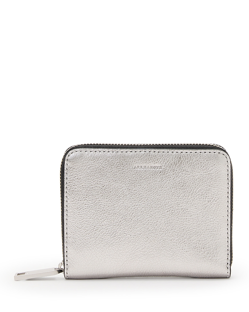 Allsaints Lena Hex Metallic Leather Zip Wallet In Silver