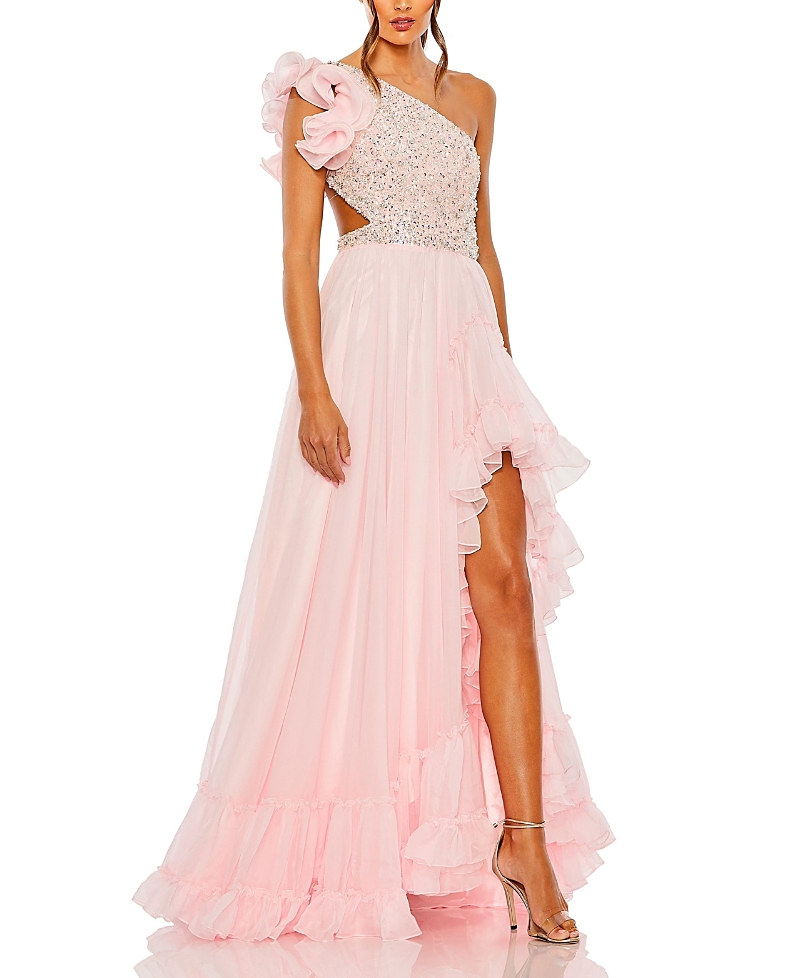 Mac Duggal Ruffled One Shoulder Embellished Lace Up Gown In Petal Pink