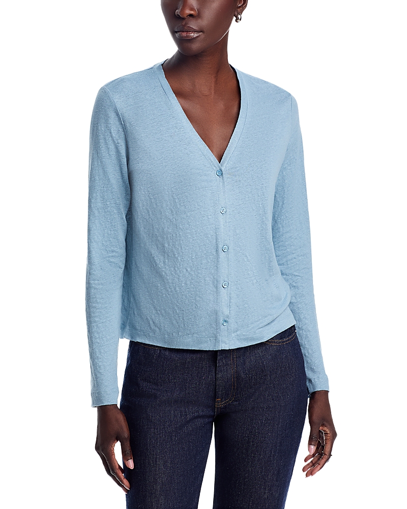 Majestic Stretch Linen V Neck Cardigan In Ocean