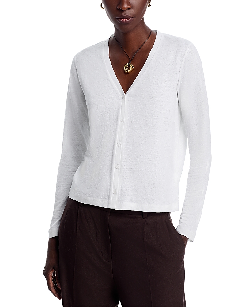 Majestic V-neck Button-down Long-sleeve Stretch-linen Cardigan In Blanc
