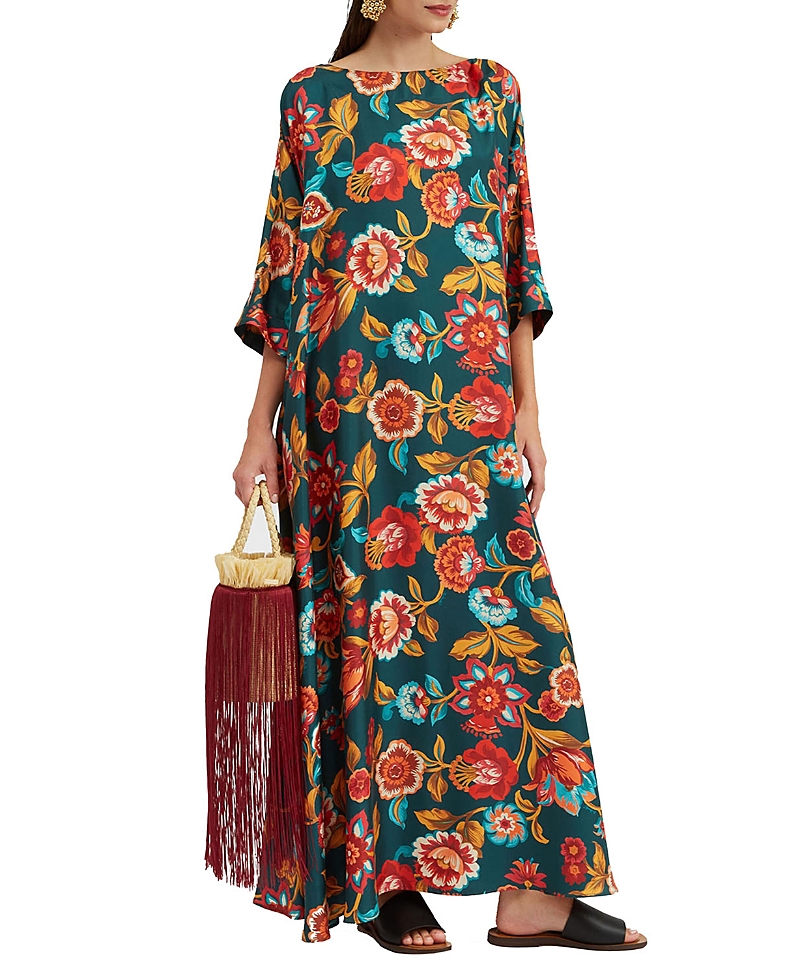 La Doublej Muumuu Floral-print Silk-twill Maxi Dress In Hottie Emerald