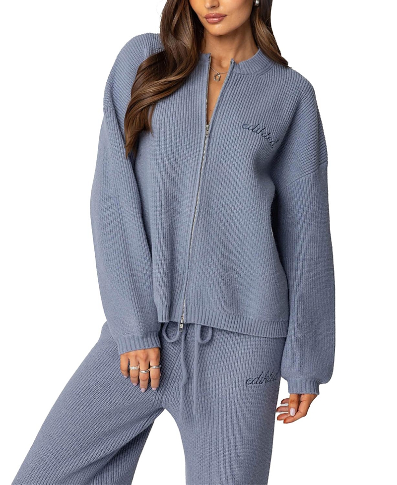 Edikted Kris Ribbed Knit Zip Up Sweater In Blue