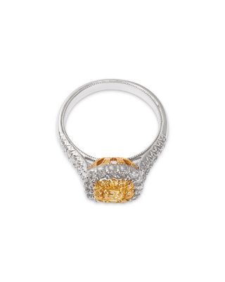 Yellow & White Diamond Cushion Halo Ring in 18K Yellow & White Gold , 0.9 tcw