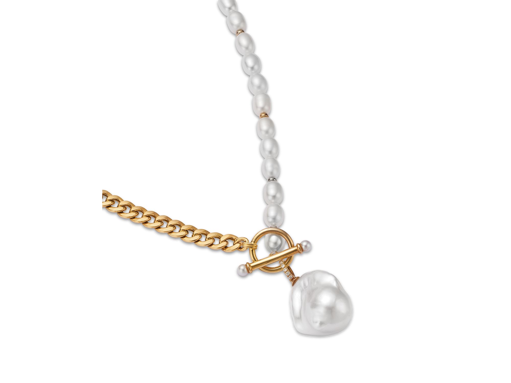 Freshwater Pearl & Diamond Toggle Necklace in 14K Yellow , 18" — Image 3